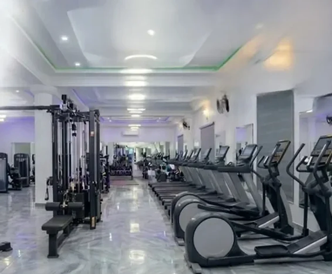 The gym floor with treadmills, cross-trainers and cable machines