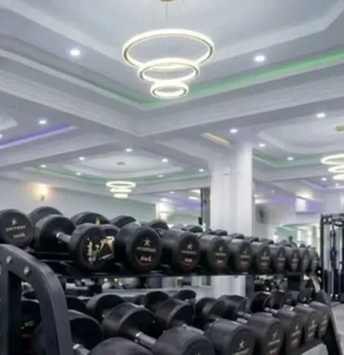 The dumbbell rack and free weights area